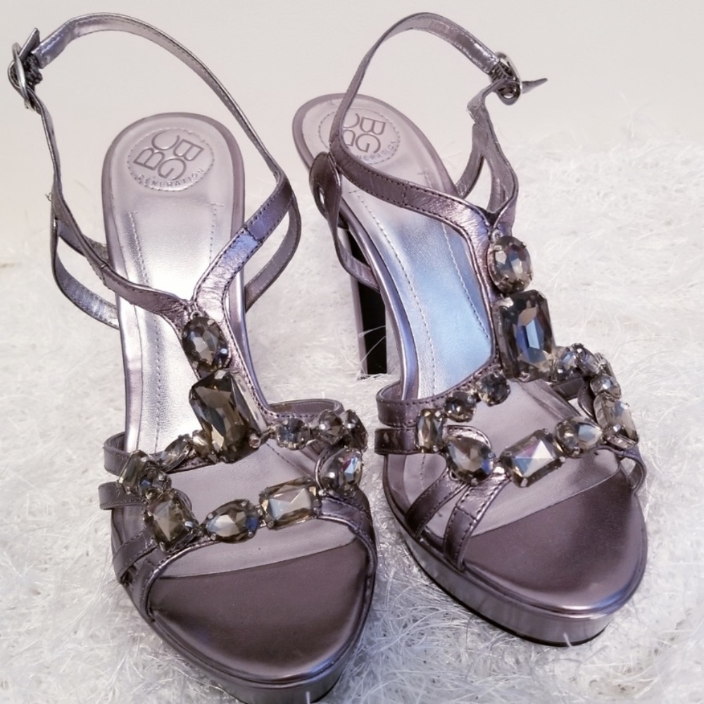 BCBG jeweled silver grey platform heels